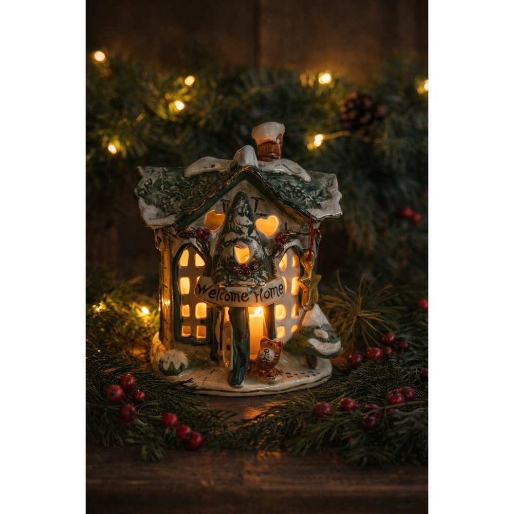 Blue Sky Clayworks Christmas House Tealight Holder Welcome‎ Home Cottage